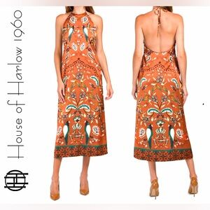 NWT $279 House of Harlow 1960 Dress Satin Wedding Tan Teal Tropical Birds Medium
